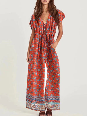 Women's Full Length Red Floral Printed Boho Jumpsuit | Short Sleeve + V-neck | S-L