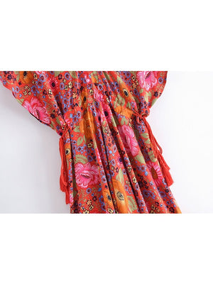 Bright Women's Summer Boho Dress | Batwing Sleeves + V-Neck | S-L