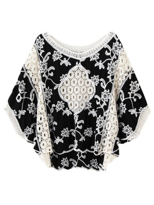 Vintage Women's Lace Embroidery Top | Batwing Sleeves | Free Size