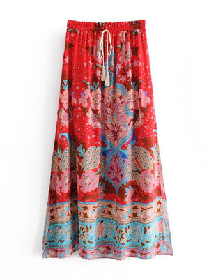 Women's Bohemian Styled Red Japanese Flower Long Skirt | M-L