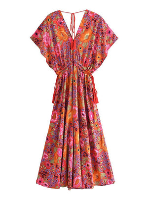 Bright Women's Summer Boho Dress | Batwing Sleeves + V-Neck | S-L