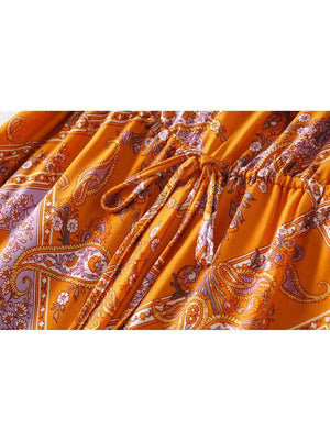 Women's Orange Floral Printed Sleeveless Boho Bodysuit Romper | S-L