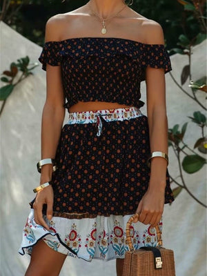 Women's Boho Off Shoulder Strapless Red Or Black Top With Matching Mini Skirt | Clothing Set | M-L