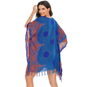 Boho Bikini Cover Up | Blue Bohemian Swimwear Beach Top | Free Size