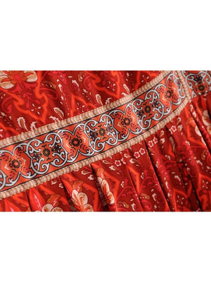 Women's Red Floral Bohemian Mini Dress | O-Neck + Batwing Sleeves | S-L