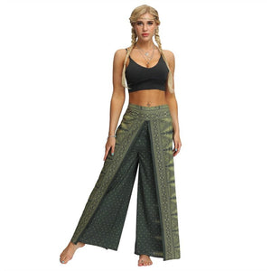 Women's Casual Slit Wide Leg Hippie Boho Pants | Festival Green Design | S-L