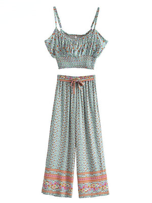 Women's Green Floral Bohemian Two Piece Outfit | Sleeveless Top + Loose Pants | S-L