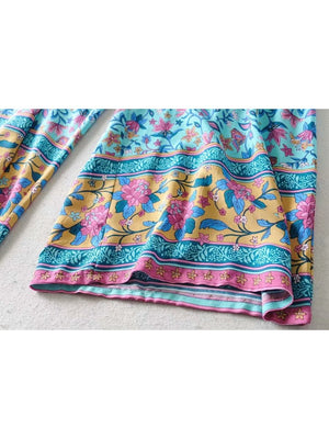 Women's Blue 60's Flower Child Two Piece Outfit | Sleeveless Top + Bohemian Pants | S-L