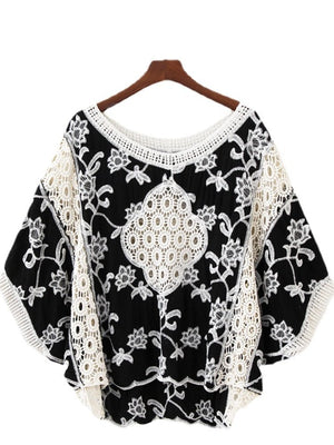 Vintage Women's Lace Embroidery Top | Batwing Sleeves | Free Size