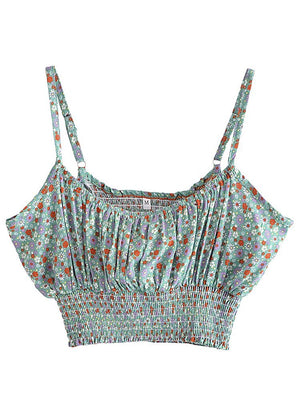 Women's Green Floral Bohemian Two Piece Outfit | Sleeveless Top + Loose Pants | S-L