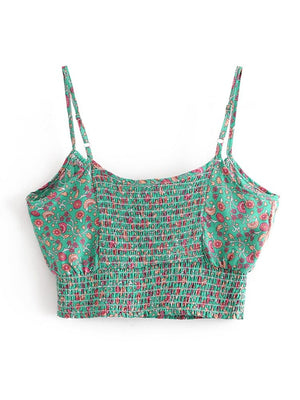 Women's Vintage Green Floral Two Piece Set | Strapless Tops + Bohemian Pants | S-L