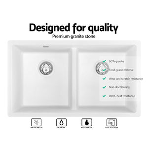Cefito Stone Kitchen Sink - Double Bowl Granite Under/Topmount 790x460mm | White