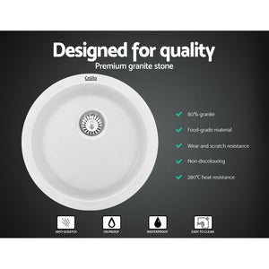 Cefito Stone Kitchen Sink - Round 430mm Granite Under/Topmount | White