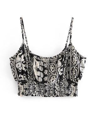 Women's Black Elephant Hippie Styled Two Piece Outfit | Sleeveless Top + Pants | S-L