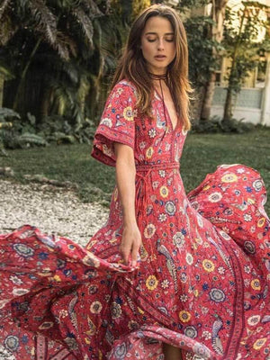 Women's Vintage Peacock Bohemian Maxi Dress | V-Neck | Various Colours