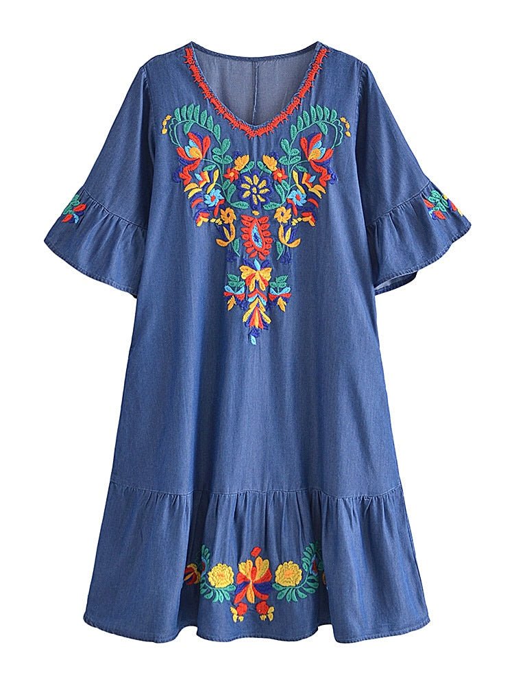 Women's Old School Hippie Beach Mini Dress | Denim | M-L