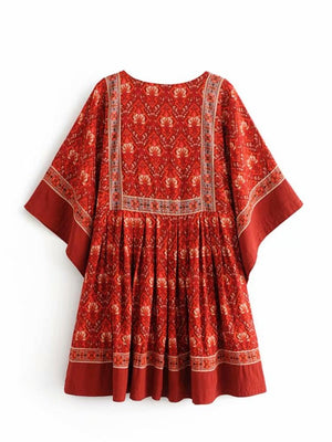 Women's Red Floral Bohemian Mini Dress | O-Neck + Batwing Sleeves | S-L