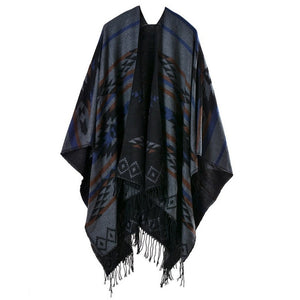 Ethnic Blanket Poncho With Tassels | Tibet Black | Free Size