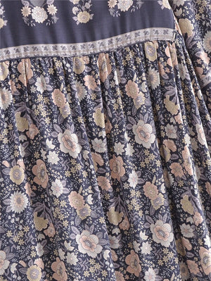 Grey Floral Vintage Styled Dress | Tassels + V-Neck | S-L