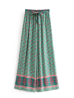 Women's Vintage Green Floral Two Piece Set | Strapless Tops + Bohemian Pants | S-L