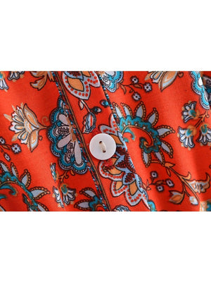 Women's Full Length Red Floral Printed Boho Jumpsuit | Short Sleeve + V-neck | S-L