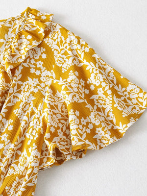 Women's Full Length Yellow Floral Printed Boho Jumpsuit | Short Sleeve + V-neck | S-L