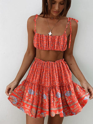 Women's Floral Bohemian Two Piece Outfit | Strapless Top + Mini Skirt | S-L | Various Colours