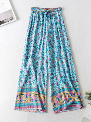 Women's Blue 60's Flower Child Two Piece Outfit | Sleeveless Top + Bohemian Pants | S-L