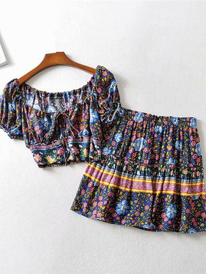 Women's Cute Boho Two Piece Outfit | Top + Bohemian Skirt | S-L | Various Colours