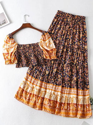 Women's Two Piece Bohemian Spice Outfit | Off Shoulder Top + Drawstring Skirts 2 | S-L