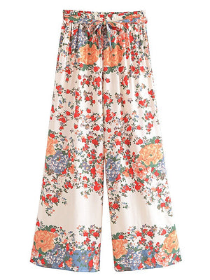 Women Multi Floral Printed Two Piece Suit | Sleeveless Top + Bohemian Loose Pants | S-L