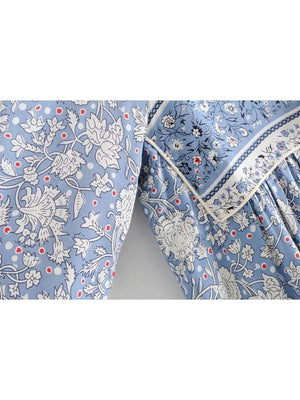 Light Blue Floral Vintage Styled Dress | Tassels + V-Neck | S-L