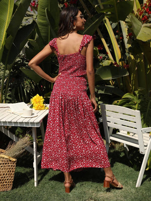 Women's Red Boho Two Piece Outfit | Sleeveless Top + Bohemian Dress | S-L