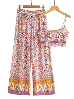 Women's 60's Flower Child Two Piece Outfit | Sleeveless Top + Bohemian Pants | S-L