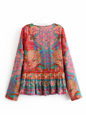 Vintage Free Flowing Bohemian Lace Up Blouse | Deep N-Neck + Long Sleeve | S-L