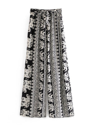 Women's Black Elephant Hippie Styled Two Piece Outfit | Sleeveless Top + Pants | S-L