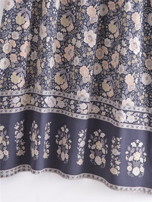 Grey Floral Vintage Styled Dress | Tassels + V-Neck | S-L
