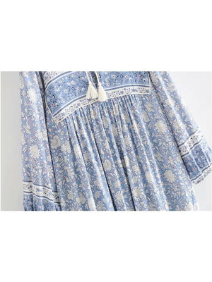 Light Blue Floral Vintage Styled Dress | Tassels + V-Neck | S-L