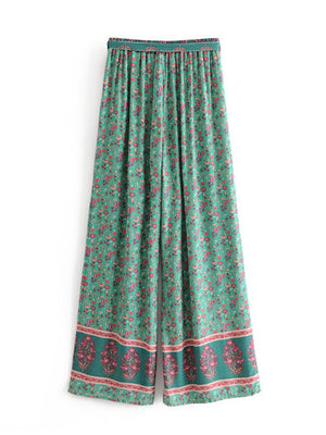 Women's Vintage Green Floral Two Piece Set | Strapless Tops + Bohemian Pants | S-L