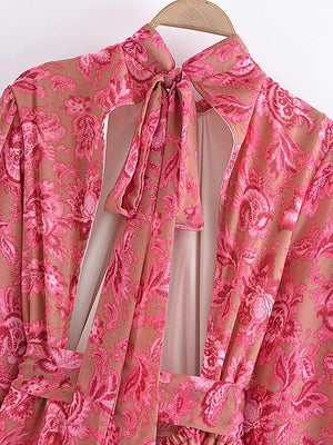 Vintage Backless Women's Flare Sleeved Romper | Red Floral Print | XS-2XL