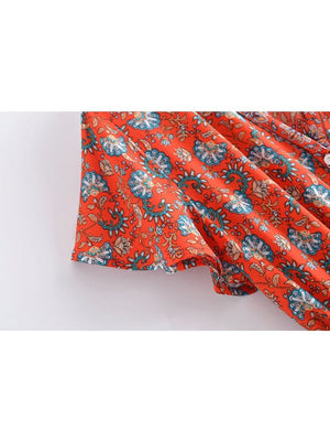 Women's Full Length Red Floral Printed Boho Jumpsuit | Short Sleeve + V-neck | S-L