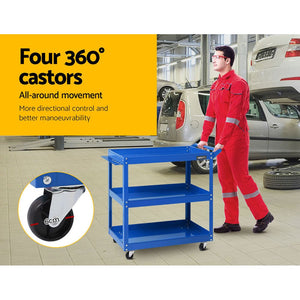 Giantz Tool Cart 3 Tier Parts Steel Trolley Mechanic Storage Organizer Blue