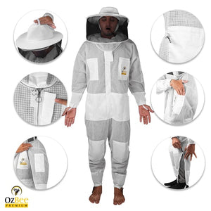 OZBee Premium Full Suit 3 Layer Mesh Ultra Cool Ventilated Round Head Beekeeping Protective Gear Size M