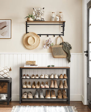 Shoe Rack With 3 Mesh Rustic Metal Shelves