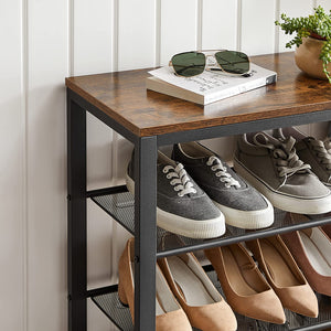 Shoe Rack With 3 Mesh Rustic Metal Shelves