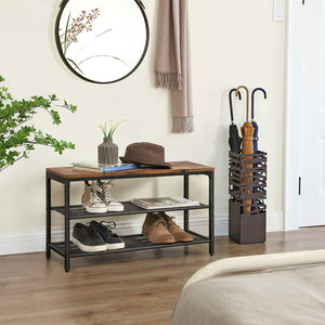 Rustic Brown Shoe Rack With 2 Mesh Shelves