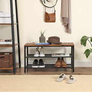 Rustic Brown Shoe Rack With 2 Mesh Shelves