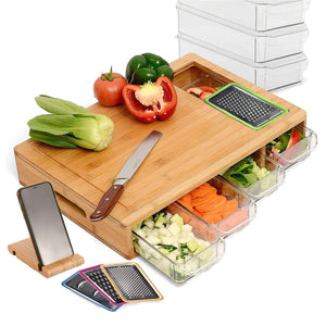 Large Bamboo Cutting Board and 4 Containers with Mobile Holder