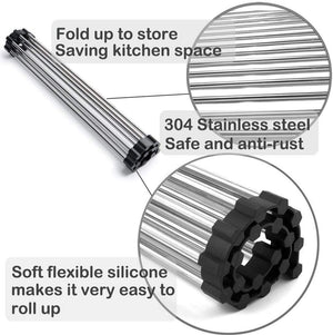 Large Stainless Steel Roll Up Dish Drying Rack with Utensil Holder