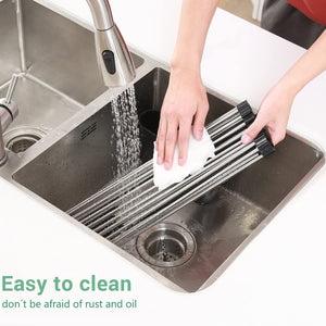 Large Stainless Steel Roll Up Dish Drying Rack with Utensil Holder